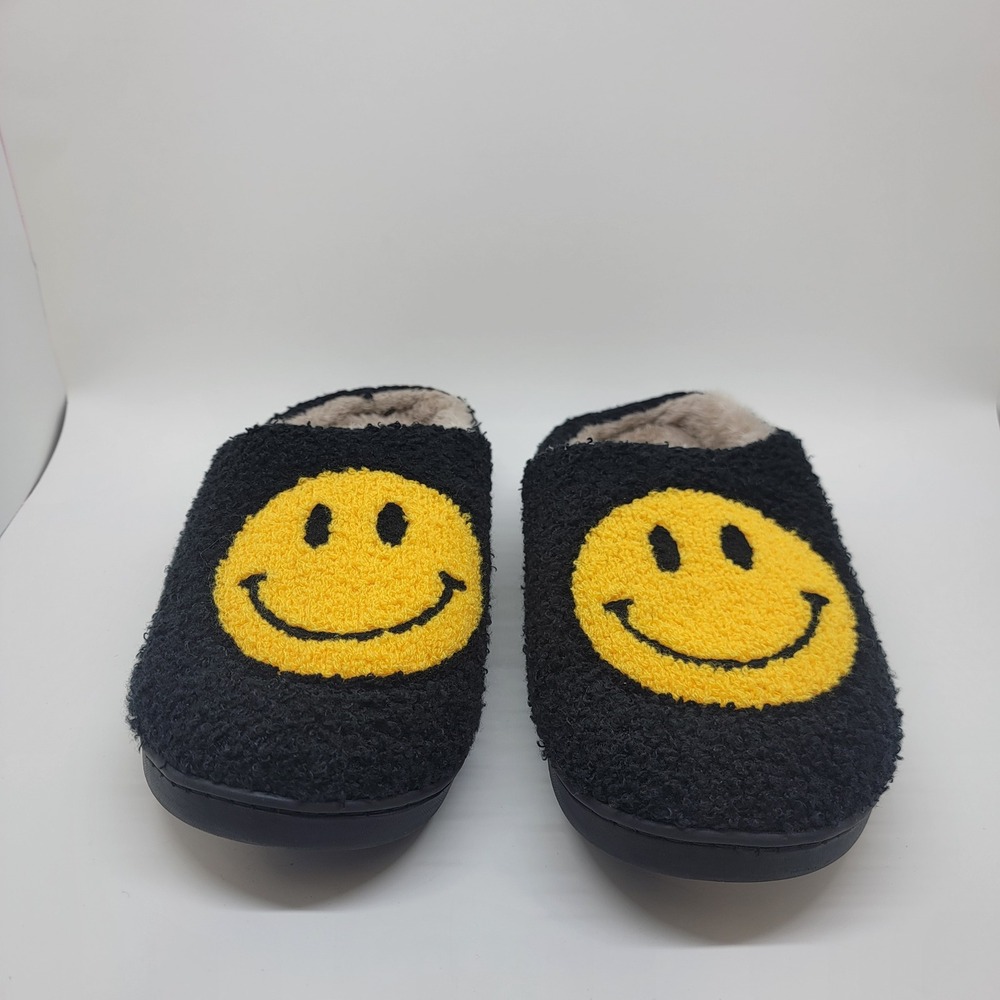 Aeropostale Smiley Face Slippers Black Sherpa Faux Fur Lined House Shoes M 9/10